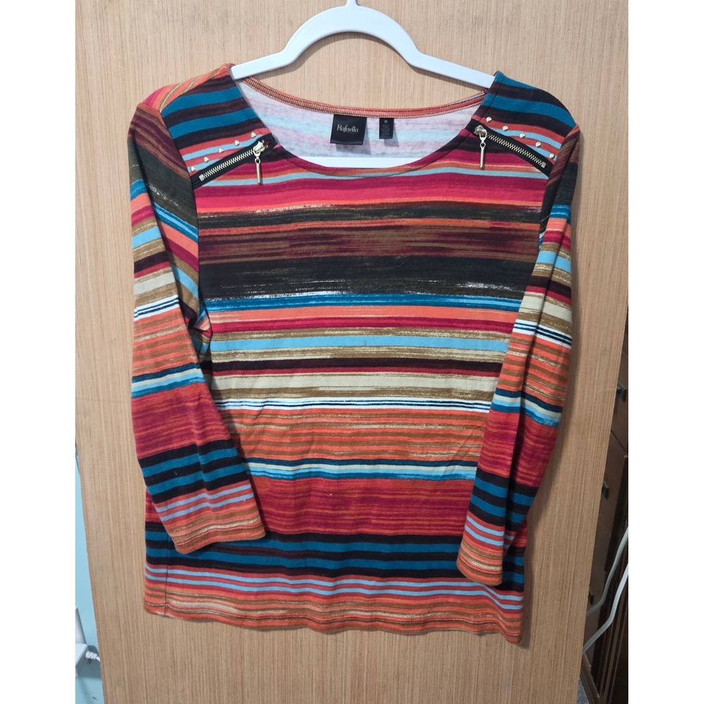 Rafaella Size M Ladies Striped Zipper Embellished Long 3/4 Sleeve Top Multicolor
